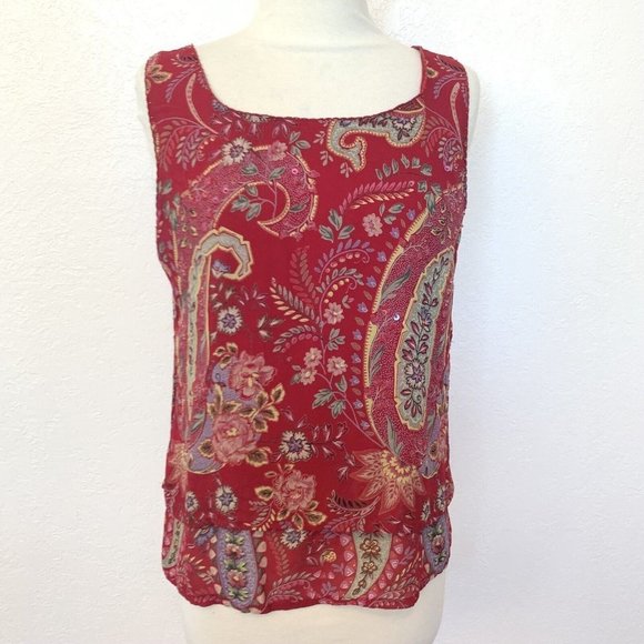 Renee Derby Tops - Tunic top Red SZ LG paisley print Lined Scoop neck BLING